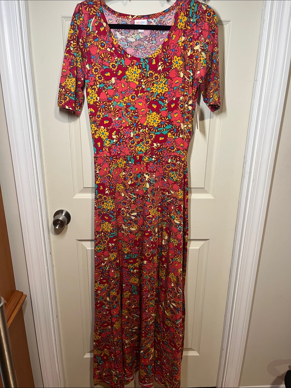 LuLaRoe Red Floral Maxi Dress with Yellow & Teal Accents